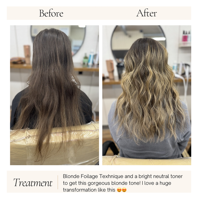 Before-and-after salon hair transformation: straight brown hair to wavy blonde balayage.