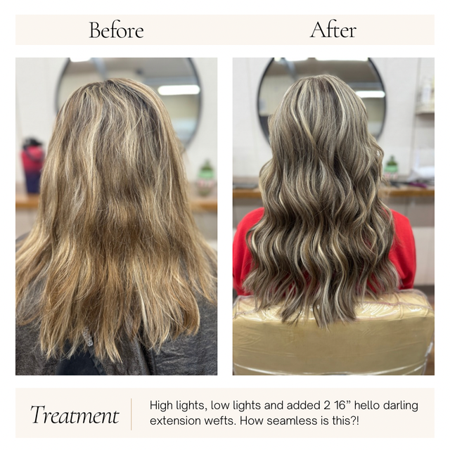 Before and after hair color transformation with blonde highlights and lowlights, showing wavy hair from back view