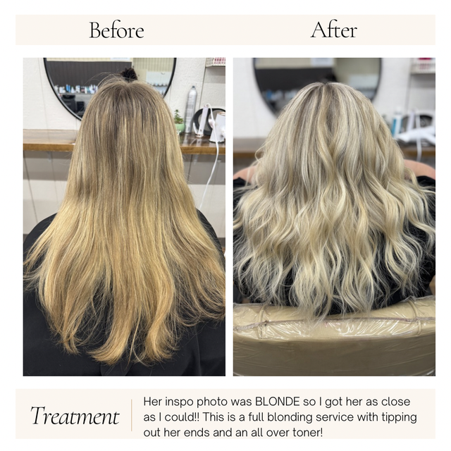 Before-and-after salon photo of blonde hair, showing brighter, wavy highlights after treatment
