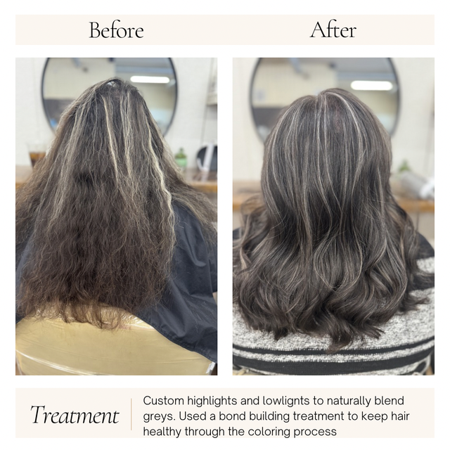 Before-and-after salon hair transformation: frizzy brown hair to smooth, wavy gray-brown highlights.