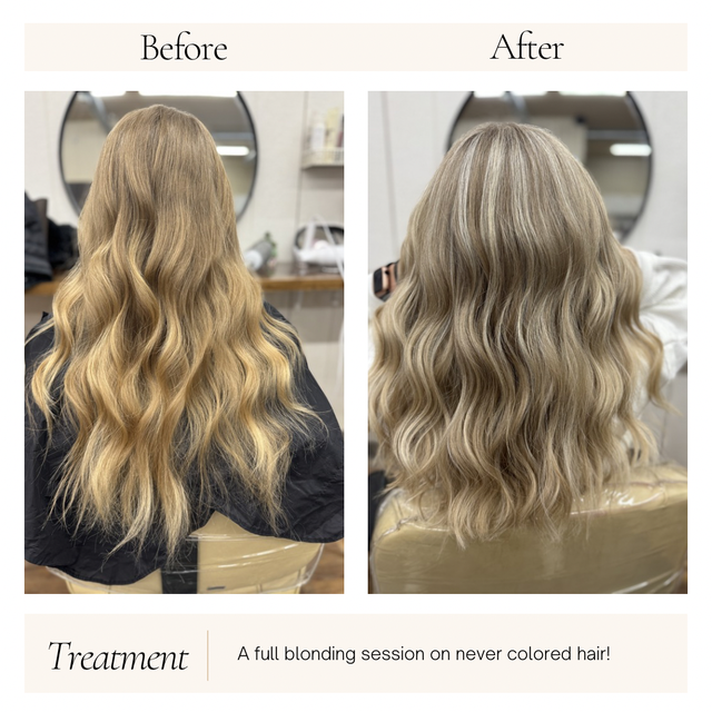 Before-and-after hair color transformation: dark blonde waves to cool blonde highlights in a salon.