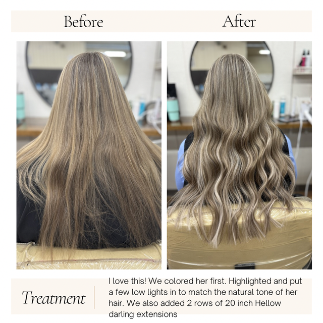 Before-and-after hair color transformation: blonde highlights and loose waves added to long hair.