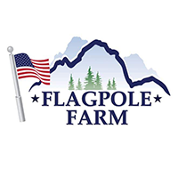 Logo for Flagpole Farm: American flag, mountains, trees, and text in navy blue.