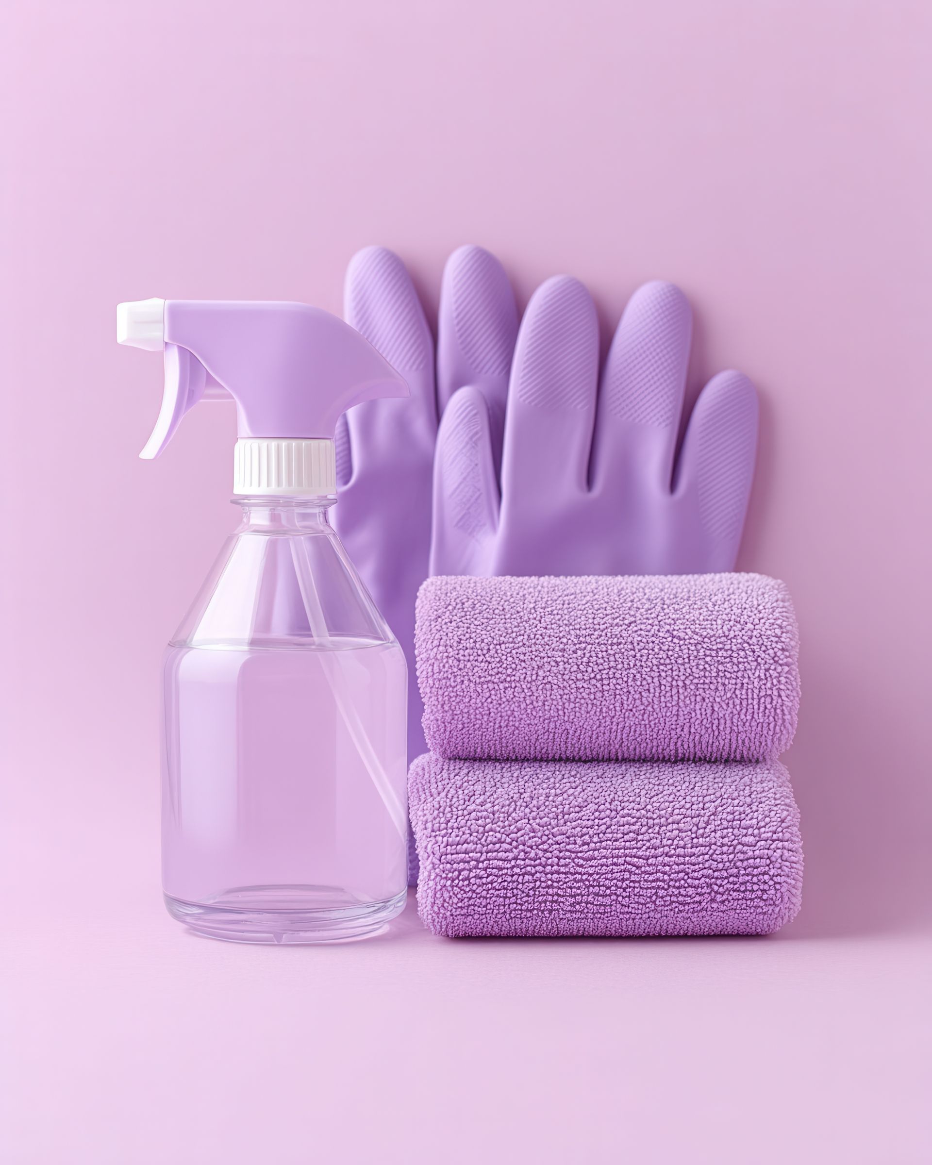 Purple cleaning supplies: spray bottle, gloves, and towels on a pink background.