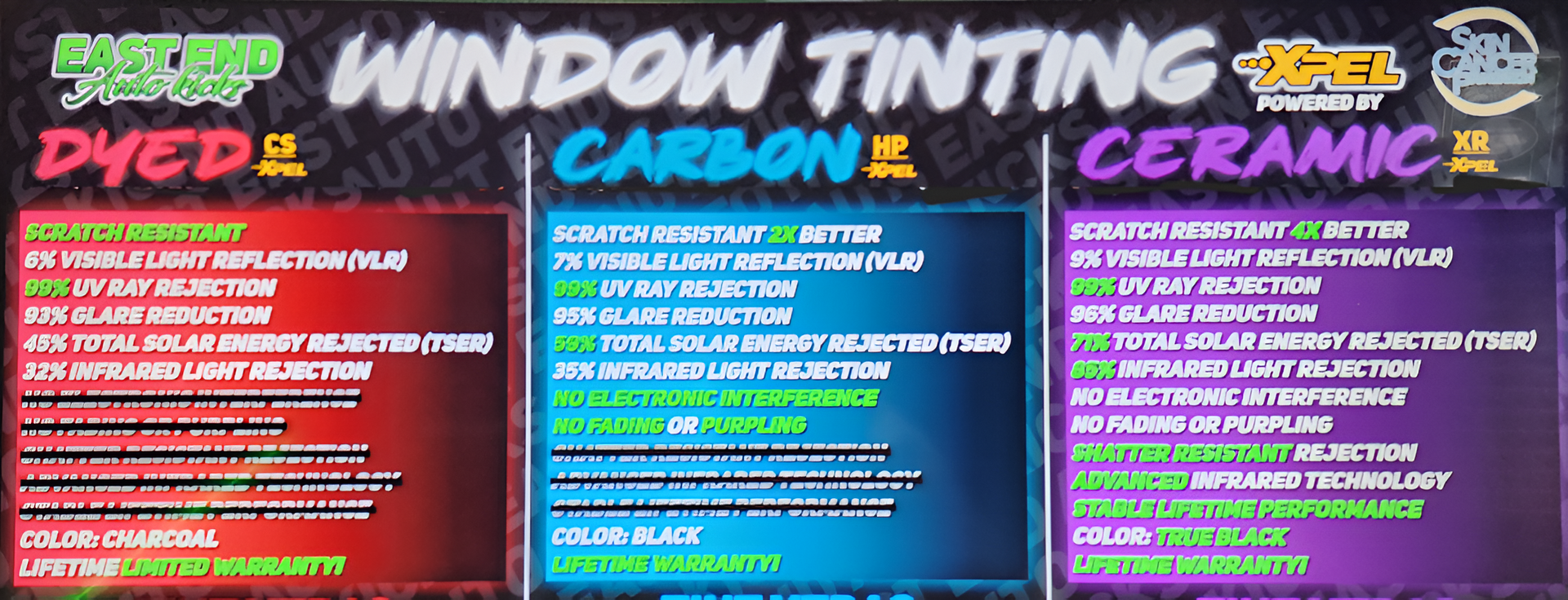 Window tinting service ad with three panels: dyed red, carbon blue, and ceramic purple options. | East End Auto Kicks