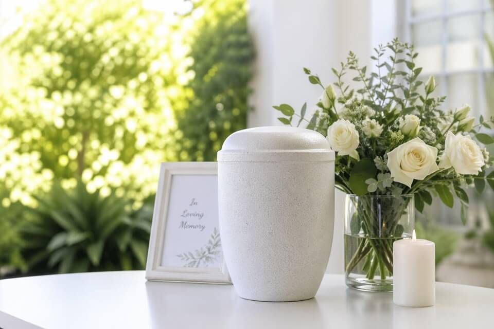 a cremation urn with soft blooms in Burtonsville, MD
