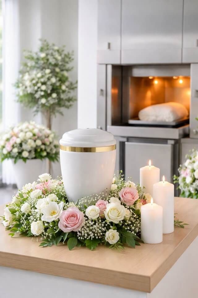 a marble urn with floral tribute for a Greenbelt, MD cremation