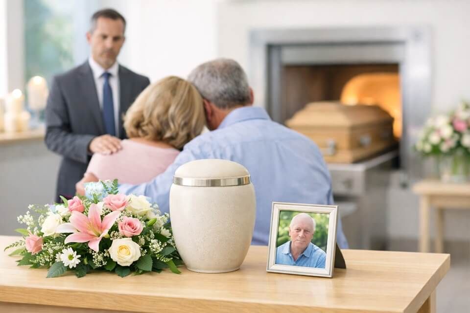 a moment of grief during a cremation service in Beltsville, MD