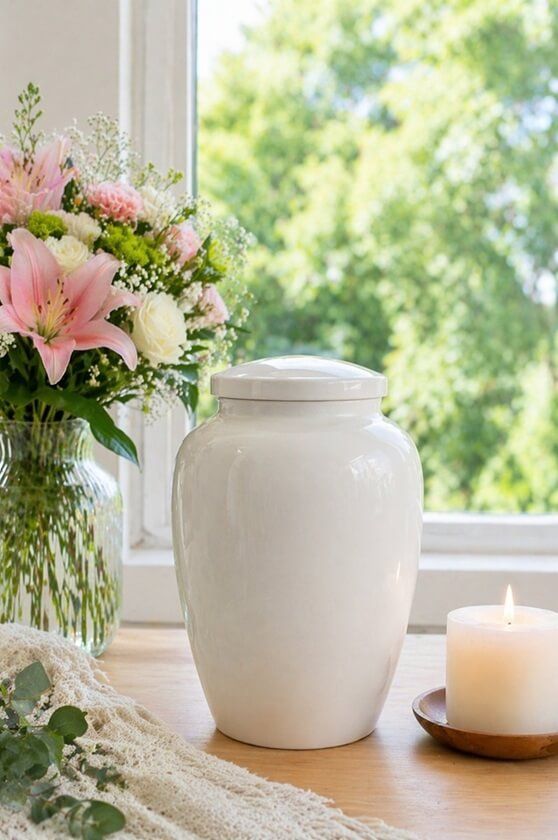 serene indoor showcasing a cremation urn with flowers