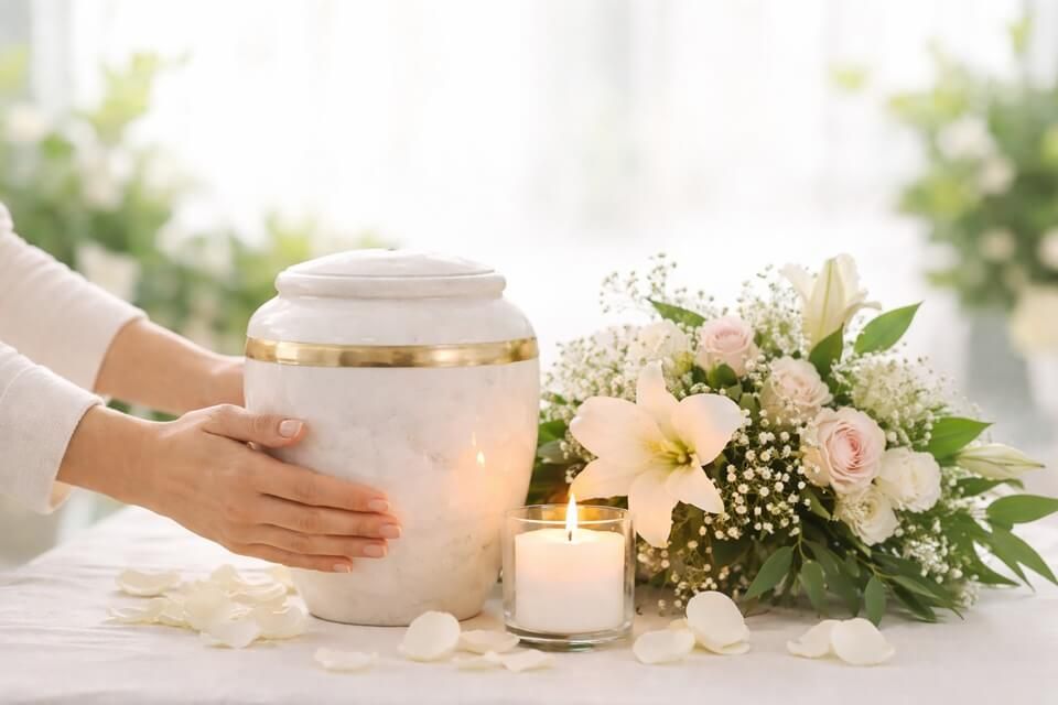 serene tribute with marble urn and blooms for a Greenbelt, MD cremation service