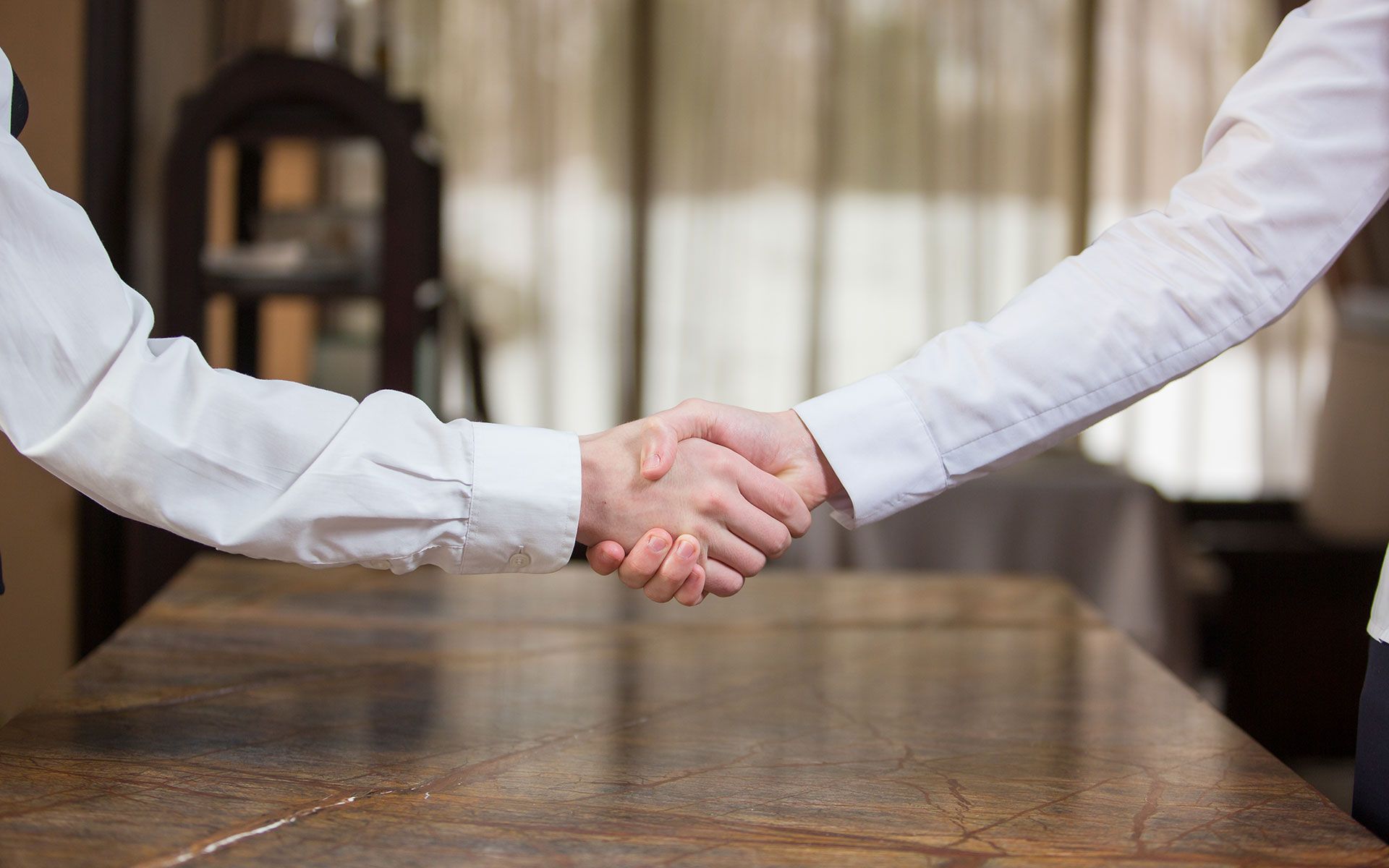 Two people shaking hands over a wooden table, formal white shirts, indoors.