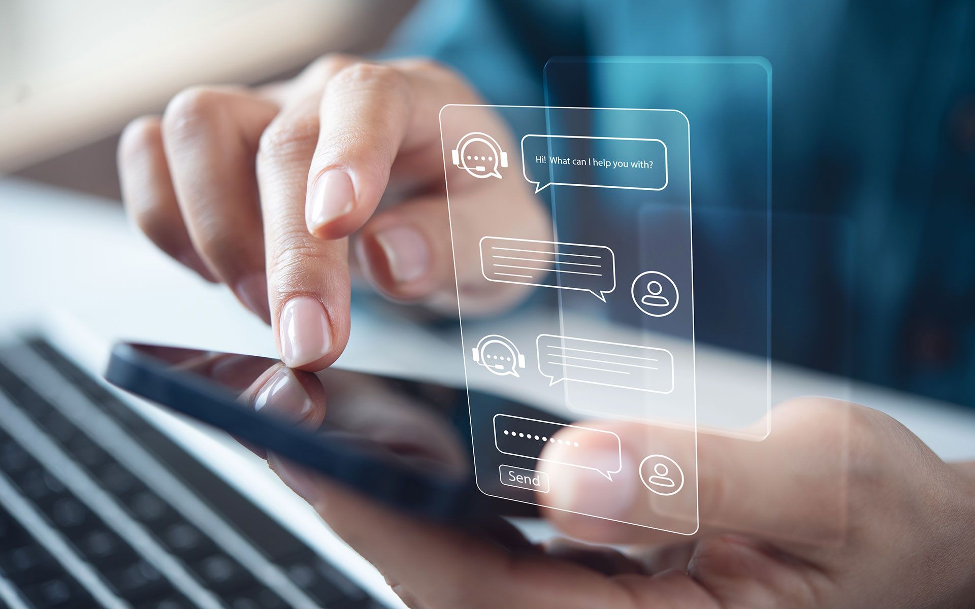 Person using a phone, overlay of digital chat bubbles, likely interacting with a chatbot.