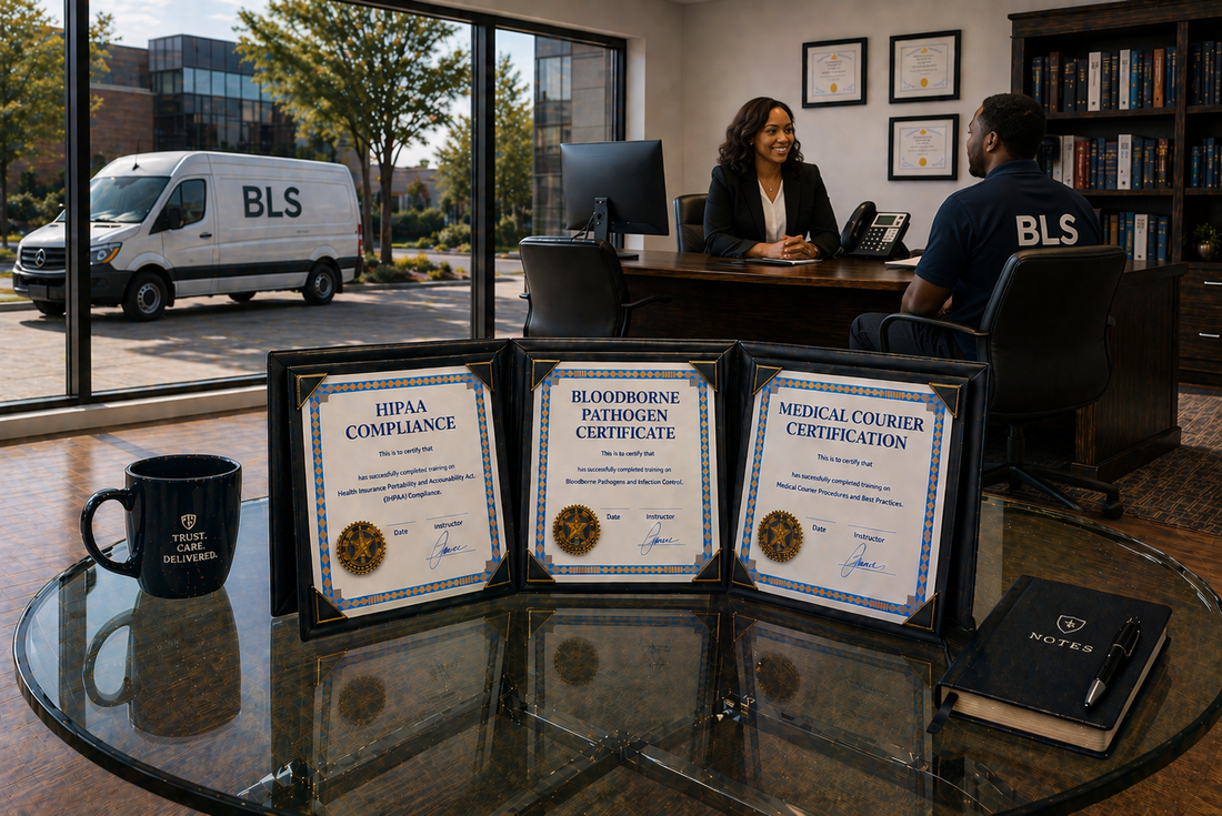 HIPAA COMPLIANT, OSHA BLOODBORNE PATHOGEN CERTIFIED, MEDICAL COURIER CERTIFIED