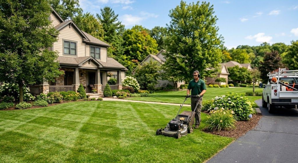 Person mowing a lush suburban lawn beside a house, with a white truck parked along the street.