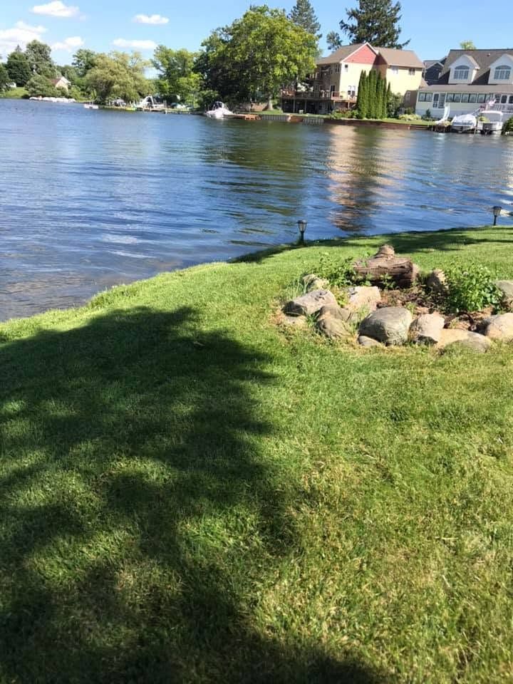 Grassy riverbank with rocks beside calm water, trees, and houses across the shore on a sunny day