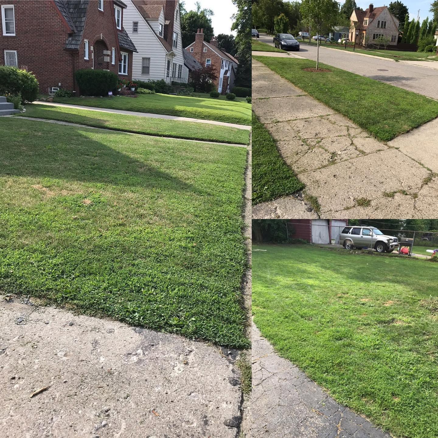 Cracked sidewalk beside a grassy lawn in a quiet suburban neighborhood, with houses and parked cars nearby.