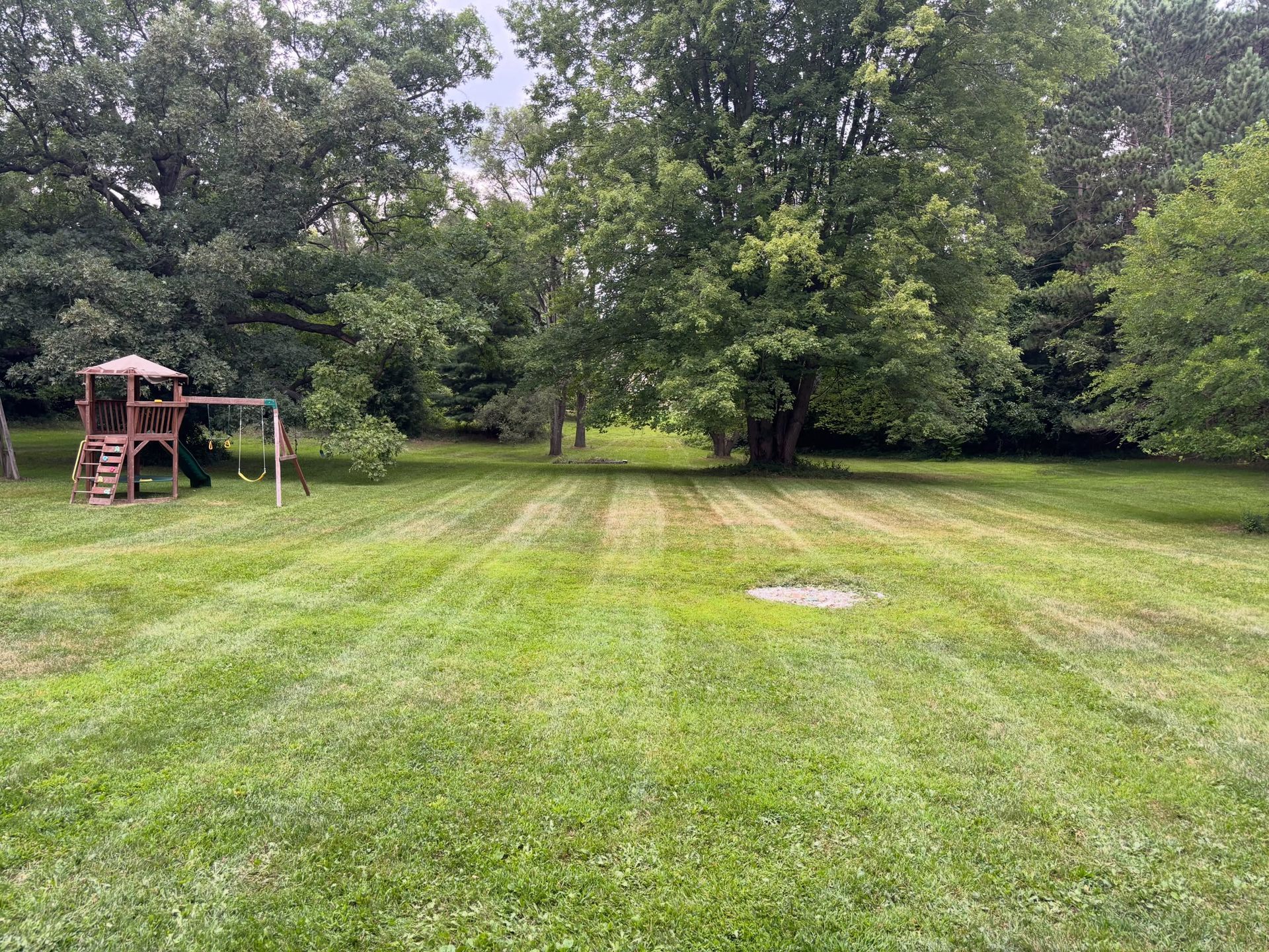 Wide mowed lawn bordered by trees, with a small wooden playset on the left.