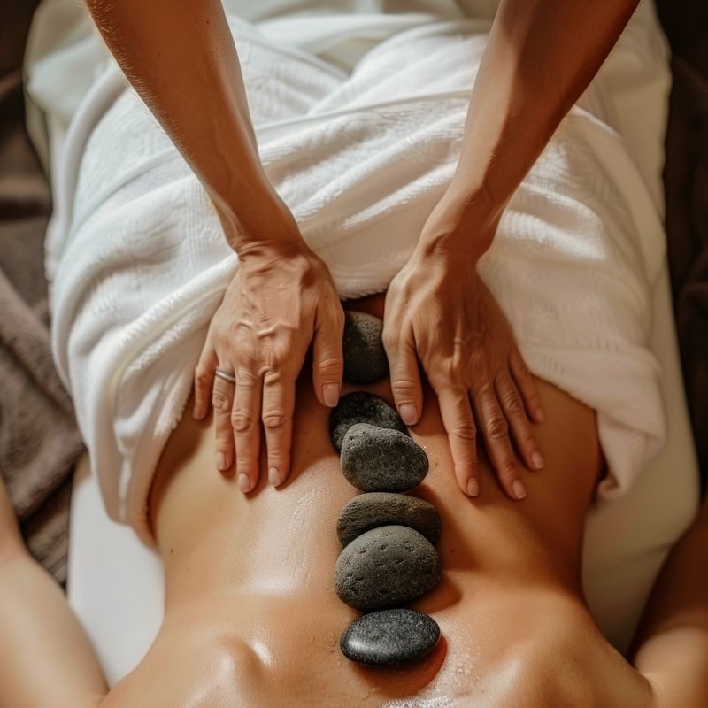 Hands performing hot stone massage on a person's torso, stones aligned.