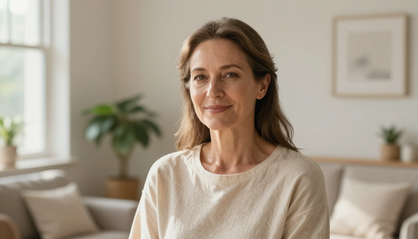 Mujer sonriente en una acogedora sala de estar con un suéter beige y luz natural suave.