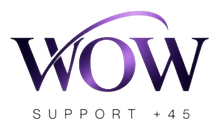 Logotipo de WOW Support +45 en morado y gris con un arco curvo sobre el nombre de la marca.