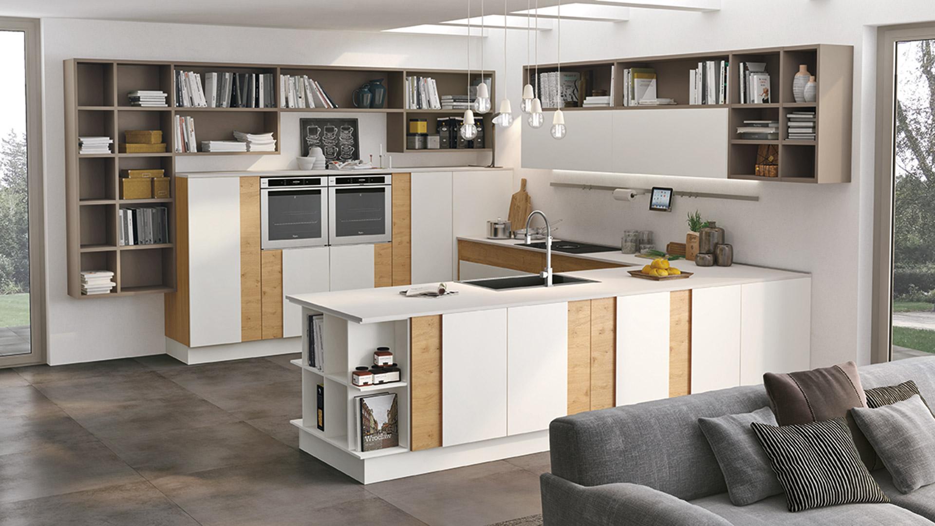 cucina moderna bianca e legno