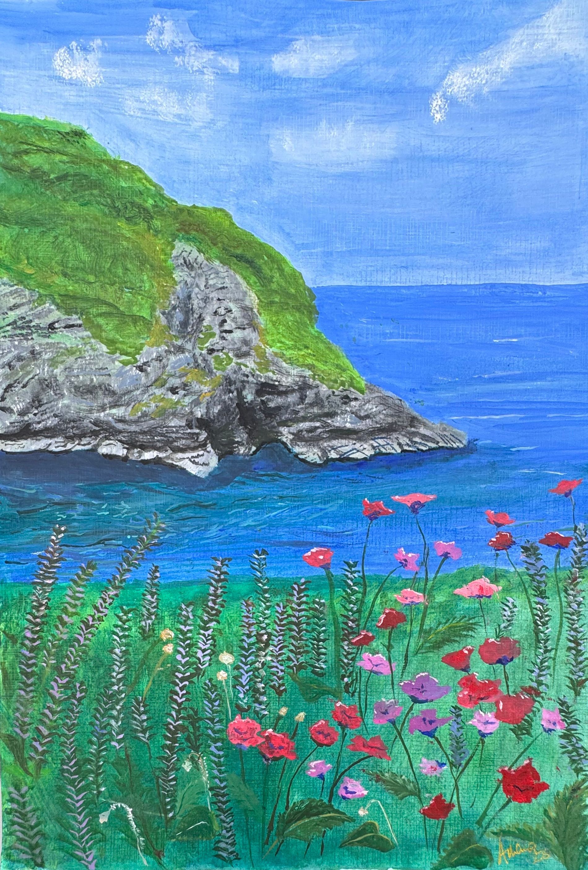 Cliffside cove with blue ocean, green hillside, and pink wildflowers under a bright sky by Amanda Sivewright
