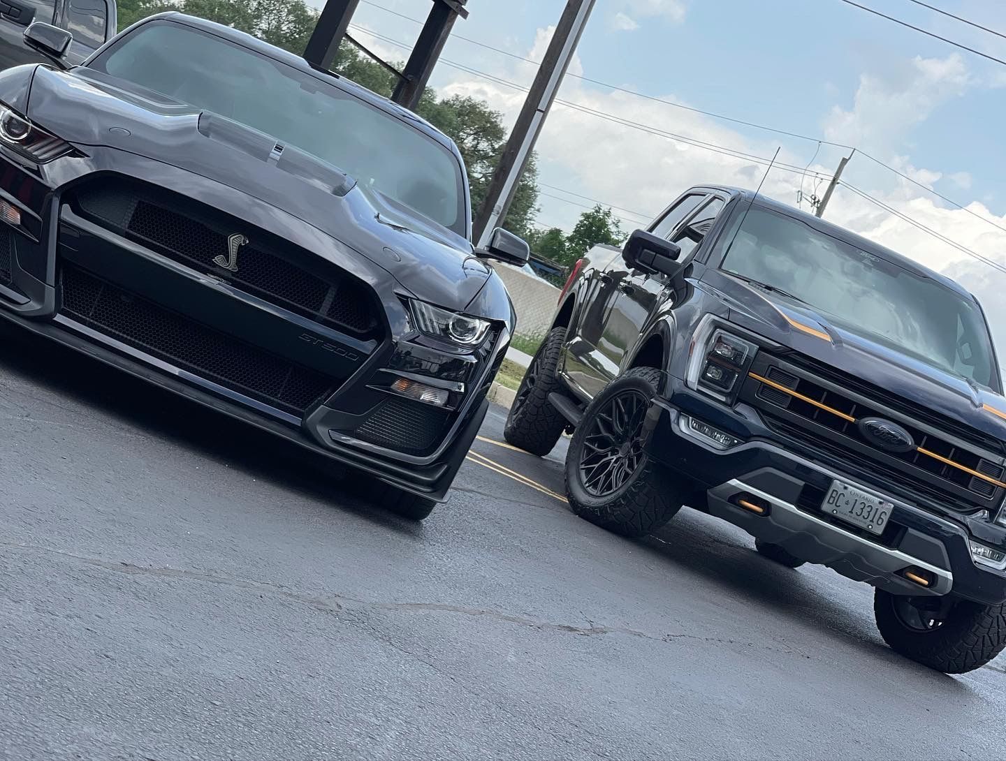 A gray Ford Mustang Shelby GT500 and a dark pickup truck parked side-by-side in a paved lot.