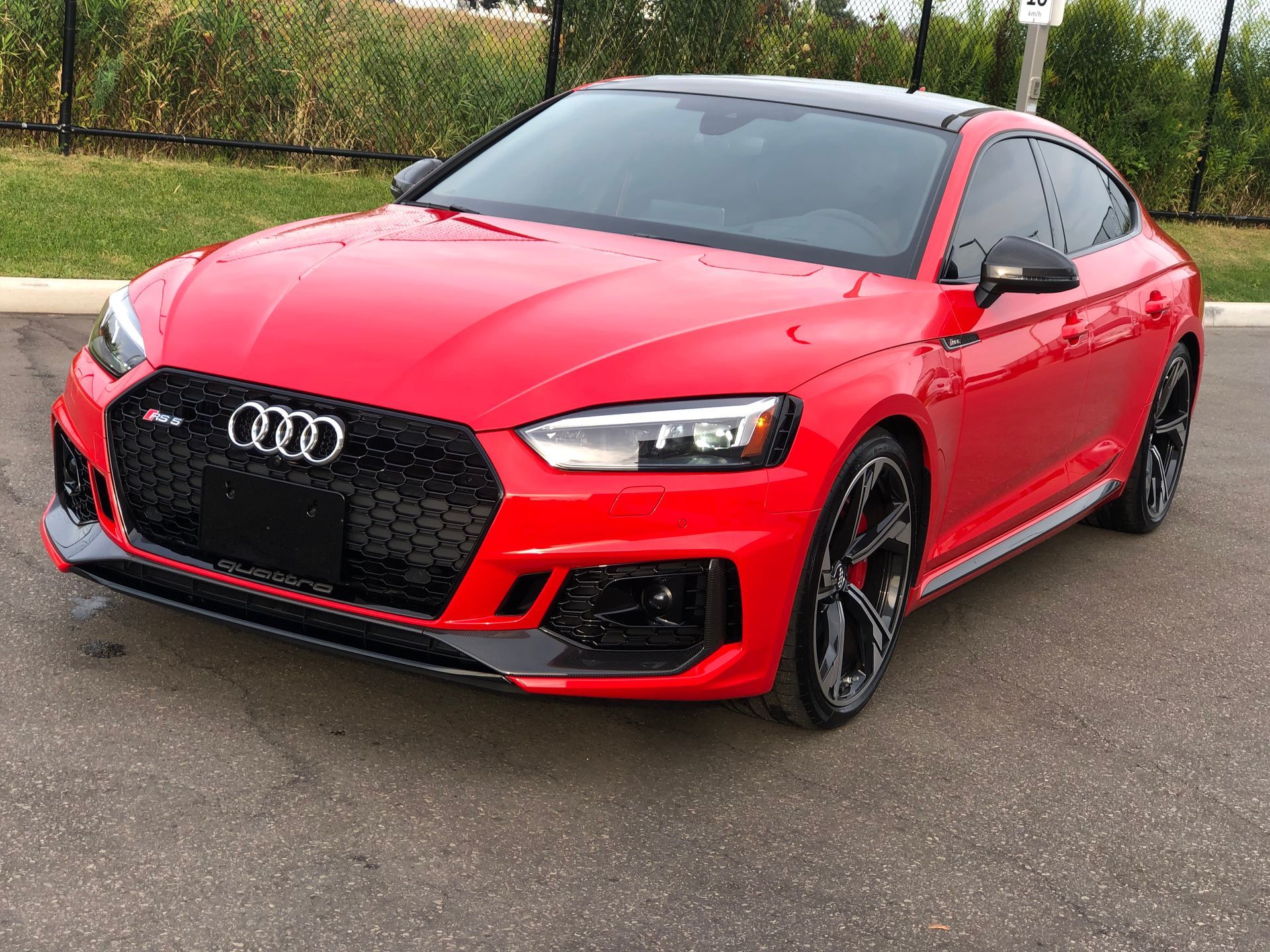 A bright red Audi RS5 coupe parked on an asphalt surface, featuring a black honeycomb grille and sport wheels.