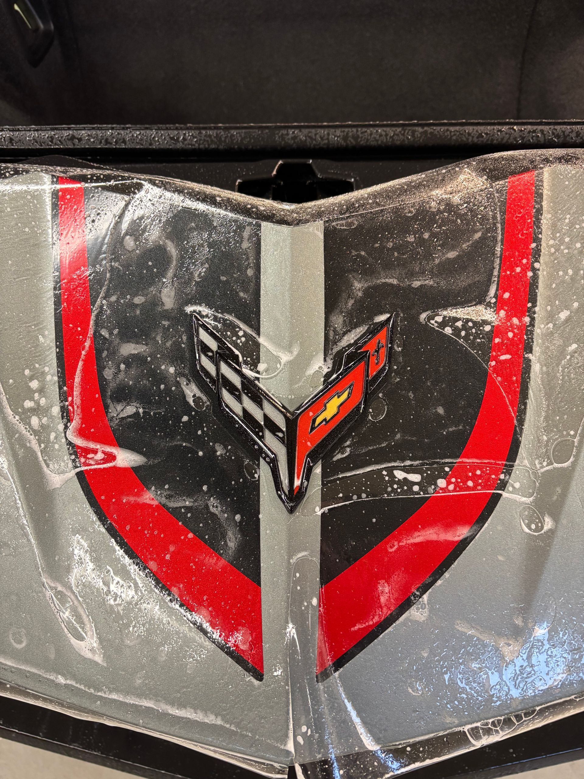 Corvette emblem on a gray and black shield, with red trim.