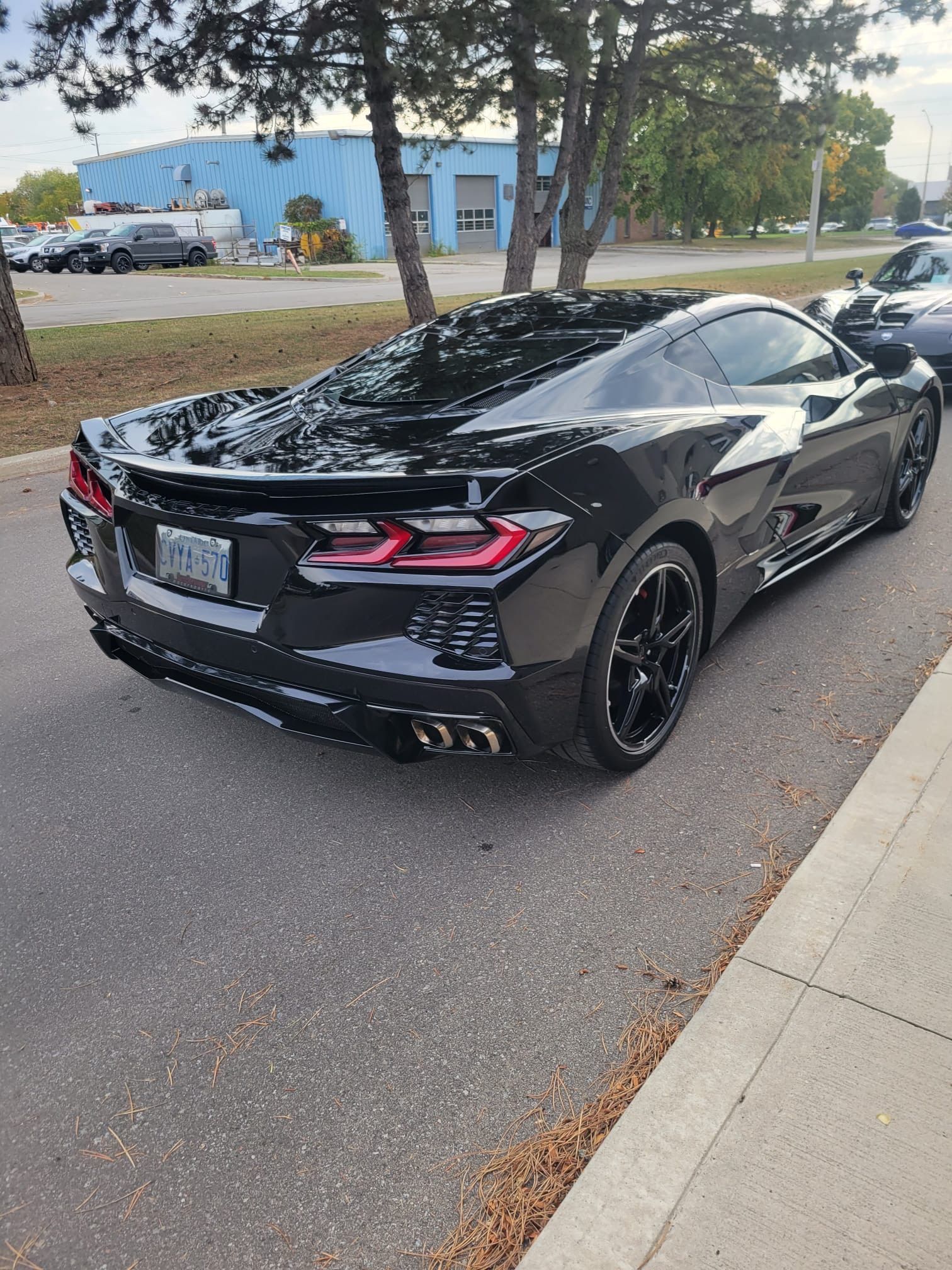A sleek black Chevrolet Corvette parked on the side of a street near a blue industrial building.