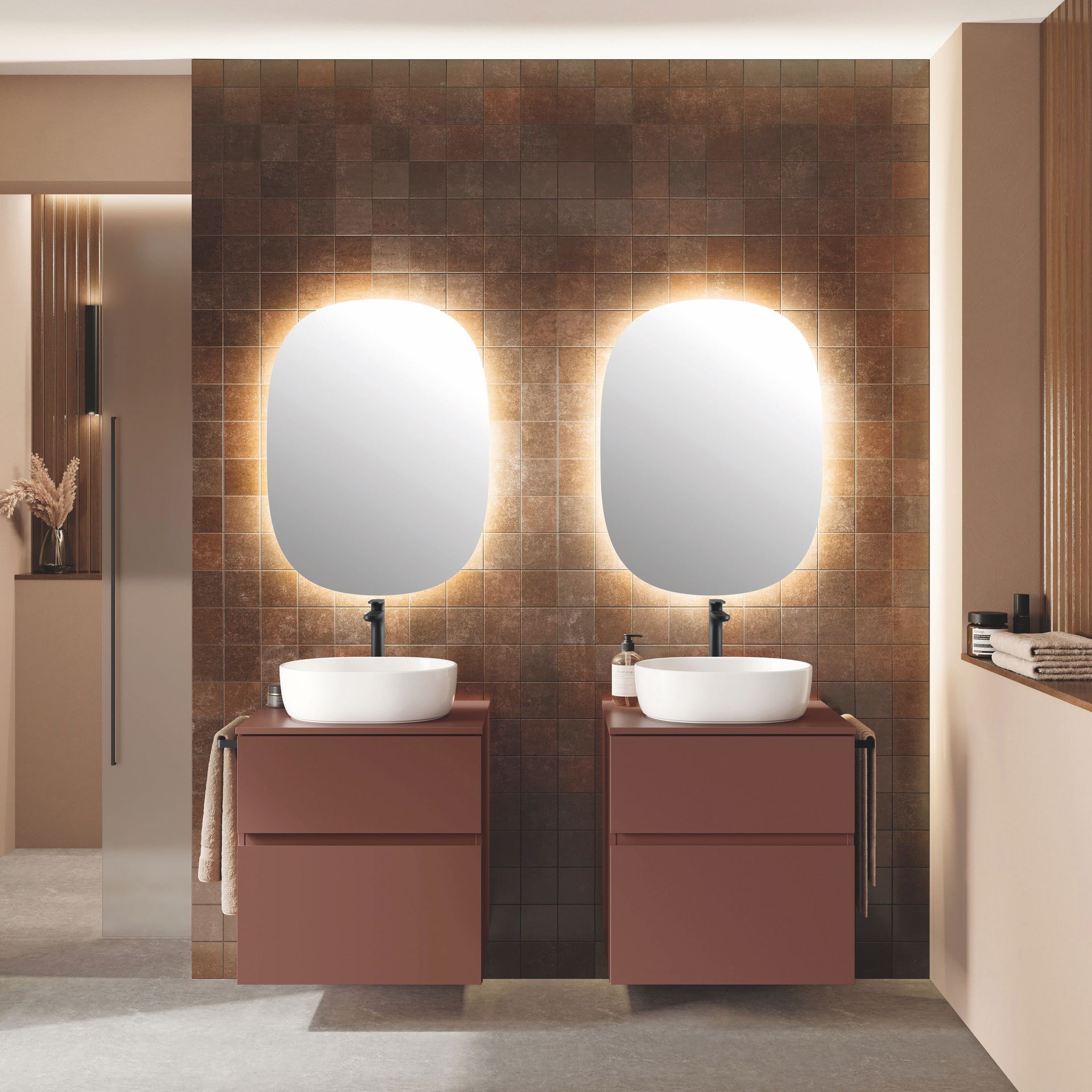 Geberit Caluna badkamer wastafel dubbel zijdemat rusty red met spiegel Plieger