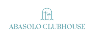 Logotipo para Abasolo Clubhouse: texto con líneas de palmeras en forma de arco y la frase 