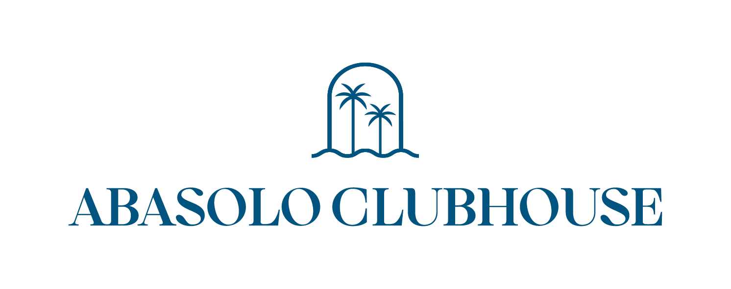 Logotipo para Abasolo Clubhouse, que presenta un arco estilizado con palmeras y el texto 