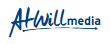 AtWill media logo in blue script with a small blue-and-gray triangle icon and black text underneath