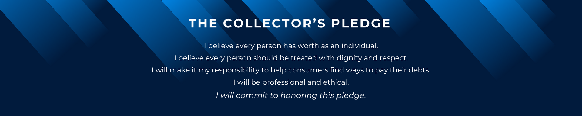 Blue abstract title card for “The Collector’s Pledge” with centered white text and small logo/subtext