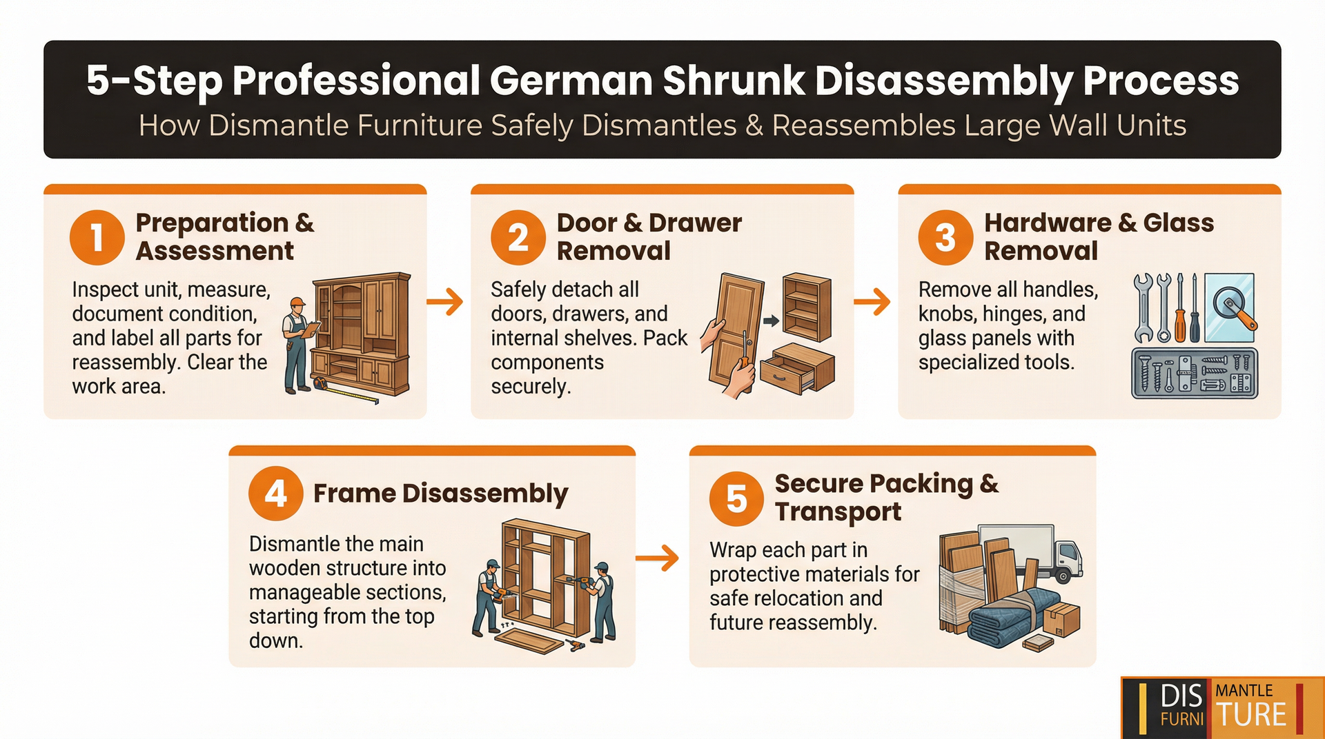Infographic showing the 5-step process for professional disassembly of German furniture wall units.