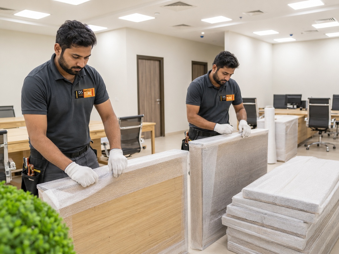 Two workers wrapping large furniture pieces in a bright warehouse, with stacked padded panels nearby