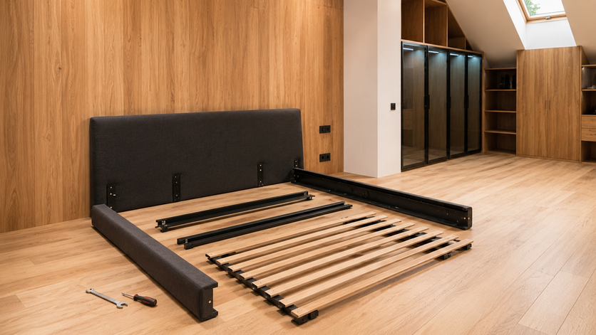 Unmade bed frame on a wood floor in a modern attic bedroom with slanted windows and closets