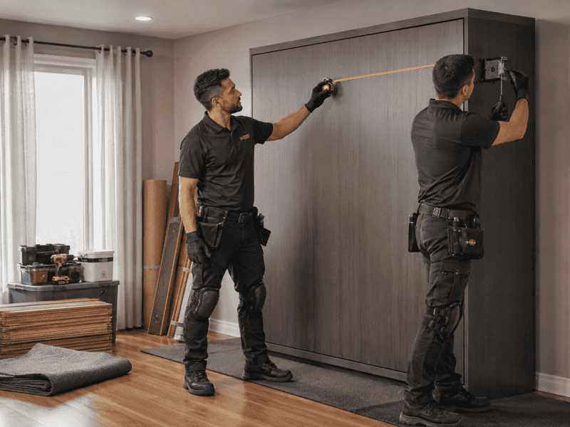Three people in a bedroom, two moving furniture and one standing near a dresser.
