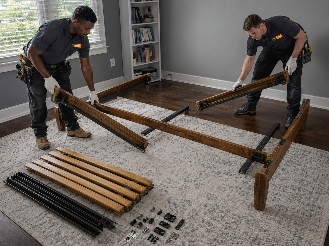Two workers assembling a large wooden bed frame on a carpeted floor with tools and parts nearby