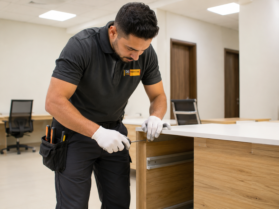 Worker in gloves measuring a white panel on a wooden cabinet in an office room
