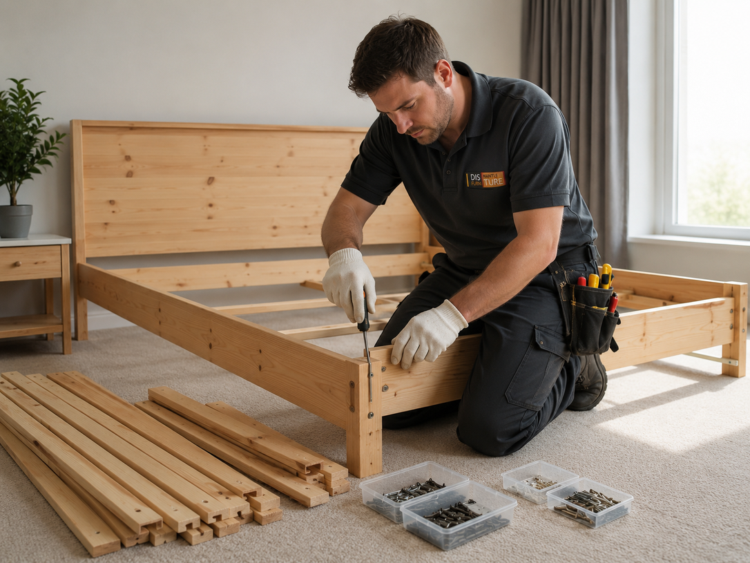 Person assembling a wooden bed frame in a bright room, with tools and wood pieces nearby