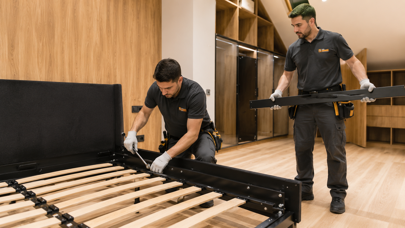 Two movers assembling a black bed frame in a wood-floored room, one kneeling and one standing.