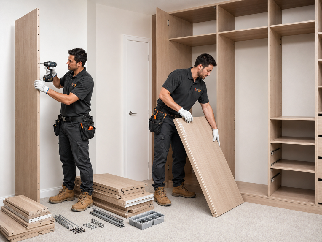 Two installers assembling a large wooden wardrobe in a bright room, with flat-pack parts scattered on the floor