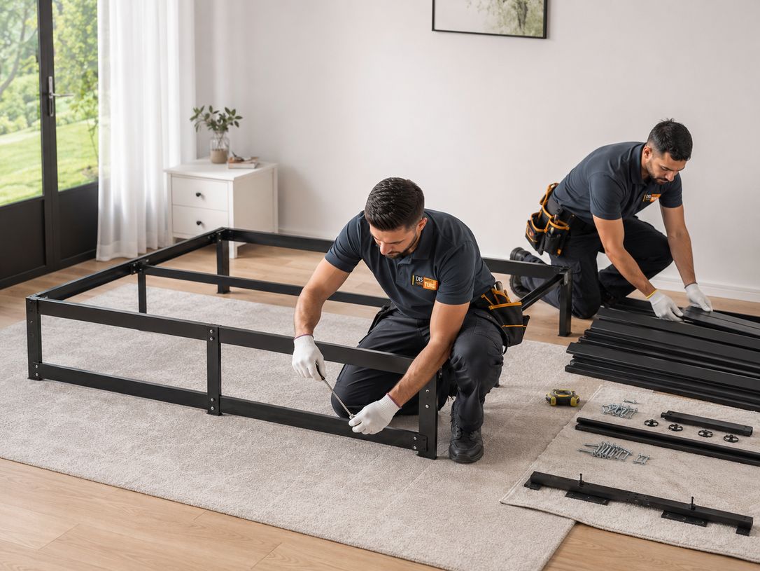 Two workers assembling a black metal bed frame on a light carpet in a bright room.