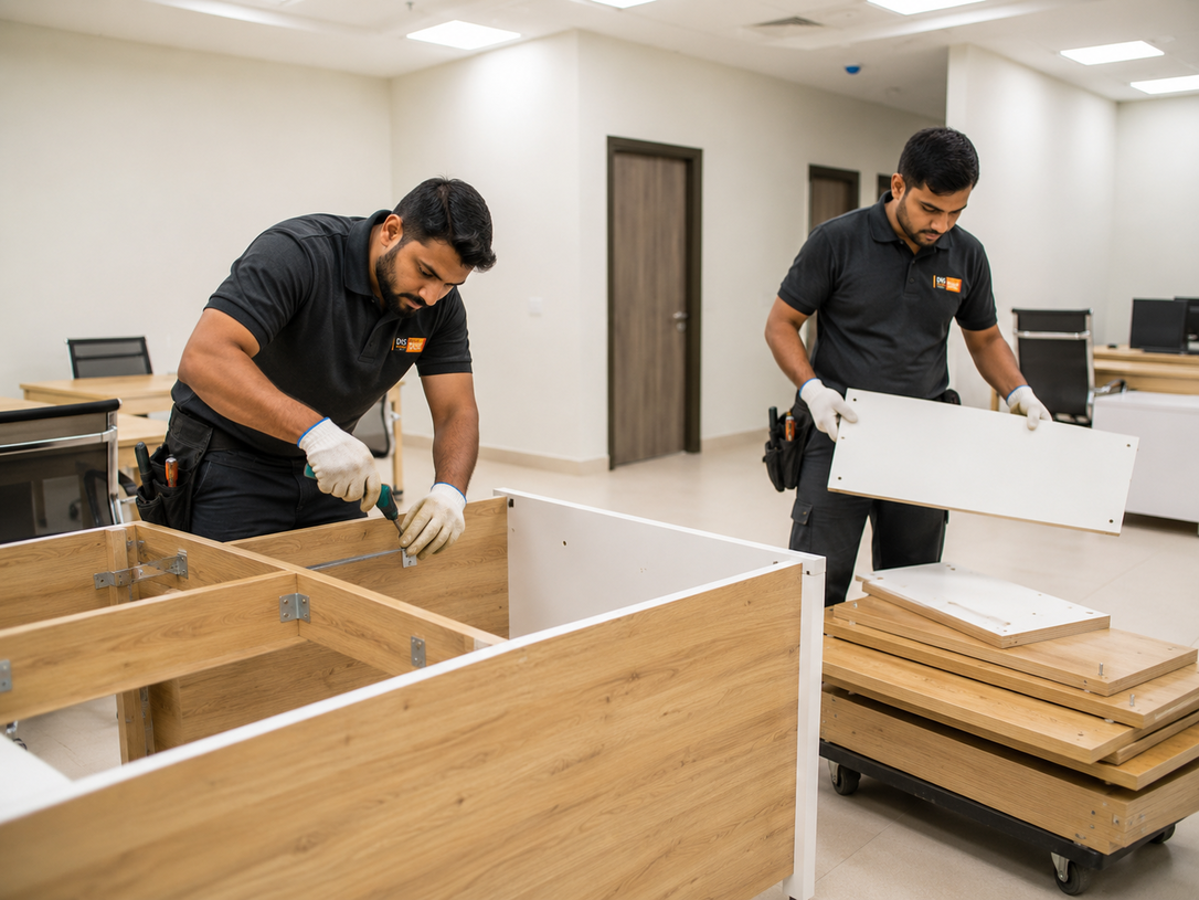 Two workers in black shirts assembling wooden furniture in a bright workshop