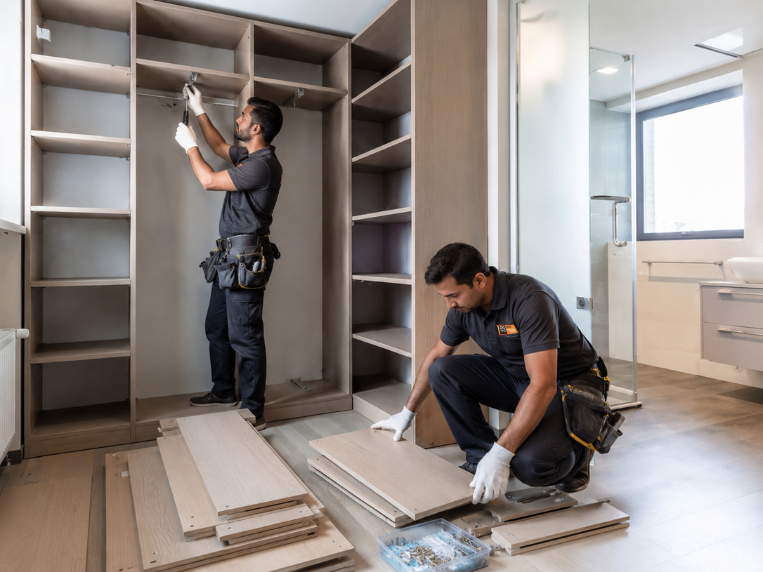 Two workers installing built-in wooden cabinets in a bright room with tools and materials on the floor