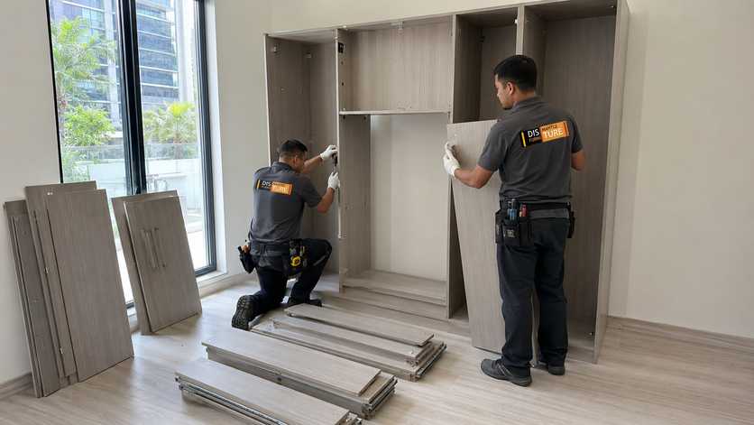 Two workers assembling white cabinet panels in a bright room with tools and stacked parts on the floor