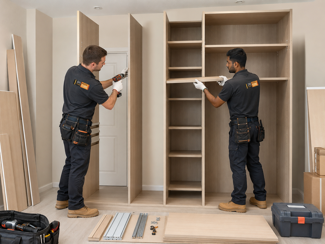 Two installers assembling a light wood wardrobe in a room, using tools and reading instructions.