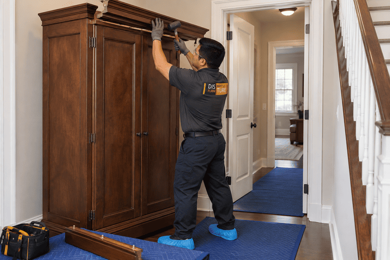 Worker lifting a large wooden cabinet in a hallway with blue floor protection